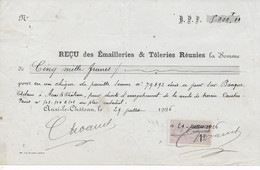 Reçu De 5.000 Frs Des Emailleries Et Tôleries Réunies à Auxi Le Château (62) établi En 1926 Suite à Vente  D'un Terrain. - Steuermarken