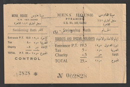 Egypt - 1946 - Very RARE - MENA HOUSE Pyramids Hotel - Swimming Bath Ticket - Cartas & Documentos