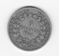 5 Francs 1852 A (Napoléon Bonaparte- République Française) TTB - 5 Francs
