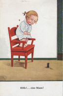 ARTIST SIGNED PC: JOHN WILLS ~ "HILFE! EINE MAUS!" ~ LITTLE GIRL ON A CHAIR FRIGHTENED OF BLACK MOUSE Pu1938 - Wills, John