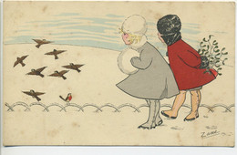 CPA  Illustration Signée ZANE Deux Fillettes Dans La Neige Regardant Des Oiseaux - Otros & Sin Clasificación