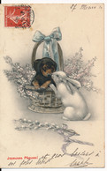 CPA Pâques Panier Fleuri Chiot Et Lapin Joyeuses Pâques - Pasen