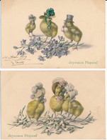 Lot De 2 CPA Illustrateur Joyeuses Pâques Poussins Humanisés M.M. MM VIENNE Nr . N°442 MUNK Viennoise - Vienne