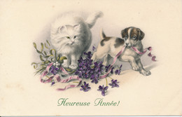 CPA Illustrateur Heureuse Année Chien Et Chat Gui Fleurs M.M. MM VIENNE Nr . N°649 MUNK Viennoise - Vienne