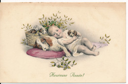 CPA Illustrateur Heureuse Année Enfants Chien Chiots Portée Gui Mistletoe M.M. MM VIENNE Nr . N°774 MUNK Viennoise - Vienne