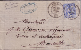 VOSGES - EPINAL - SAGE - 25c OUTREMER DEFECTUEUX - LE 19-7-1877 - VERSO BUREAU DE PASSE 978 - ENTETE FECULES DES VOSGES - 1877-1920: Periodo Semi Moderno