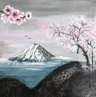 Toile 50 X 50 Cm Représentant Une Scène Japonaise, "Les Cerisiers", En Acrylique, Signée Valie. Signée. Originale - Acrilici
