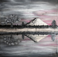 Toile 60 X 60 Cm Représentant Une Scène Japonaise, "Le Cerisier Du Mont Fuji", En Acrylique. Signée. Originale - Acrilicos