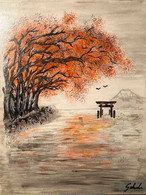 Toile Peinture Acrylique Scène Japonaise "les Arbres Rouges". Tori Japon. Signée - Acryl