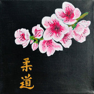 Toile Peinture Acrylique Scène Japonaise " Judo Branche De Cerisier". Japon. Signée - Acrilici