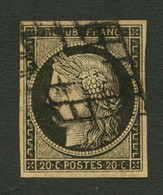 20c Noir Sur Chamois (n°3b) Obl. Grille. Cote 210€. Signé BRUN. TTB. - 1849-1850 Ceres