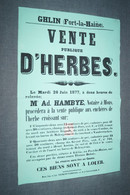 RARE Ancienne Affiche Originale Du 26/06/1877,Ghlin,Fort-La-Haine,vente à Herbes,notaire Hambye Adm. - Posters