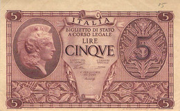 BANCONOTE BANCA D'ITALIA 5 LIRE 1944 VF/F III - Italia – 5 Lire