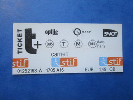 TICKET Métro Autobus RATP SNCF - PARIS  - 2° Classe - Reseaux Ferres - TBE - Mondo