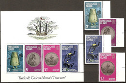 Turks & Caicos 1973 MiNr. 301 - 304 (Block 1) Sea Treasure Hunt Diving Coins 4v + S\sh MNH ** 4,70 € - Diving