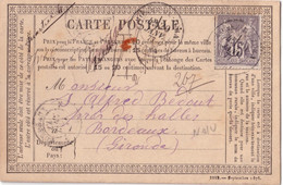 JURA - MOREZ DU JURA - SAGE - 15c GRIS - SUR CARTE PRECURSEUR POUR BORDEAUX - LE 20 JANVIER 1877. - 1877-1920: Semi Modern Period