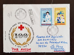 ROUMANIE Croix Rouge, Red Cross, Centenaire  Fondation De La Croix Rouge Roumaine.  2 Valeurs Sur Lettre Par Avion 1976 - Red Cross