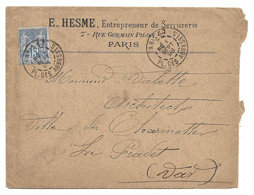 1898 PARIS PLACE DES ABBESSES - E. HESME SERRURIER RUE PILON POUR VALETTE VILLA DES CHARMETTES AU PRADET - ENV + SAGE - 1876-1898 Sage (Type II)