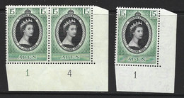 Aden 1953 QEII Coronation Marginal Pair & Single Showing Plate Numbers MNH / MLH - Aden (1854-1963)