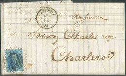 N°15 - Médaillon 20 Centimes Bleu, Obl. P.2 Sur Lettre D'ALOST le 4-6-1863 Vers Charleroi. Belle Fraîcheur. - TB - 17302 - 1863-1864 Medaillen (13/16)