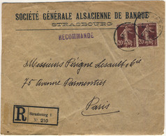 FRANCE / Alsace-Lorraine - 1920 - Paire Yv.139 Sur LSC Recommandée De STRASBOURG 1 à Paris - 1877-1920: Semi-Moderne