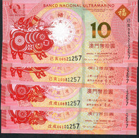 MACAU NLP 10 PATACAS 2018 & 2019 (DOG & PIG): 2 X BCU + 2 X BOC .SAME # 1914 . TOTAL 4 Notes UNC - Macau