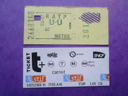 2 TICKETS  Métro Autobus Rer -  RATP - Réseau Urbain - PARIS - 1° Et 2° Classe  - TBE - Welt