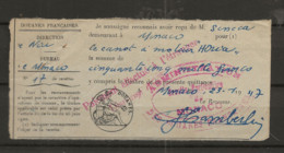 TIMBRES FISCAUX MIXTE FRANCE/ MONACO DOUANES CACHET DISPENSE DU TIMBRE PAIEMENT à L'ETRANGER 1947 - Fiscaux