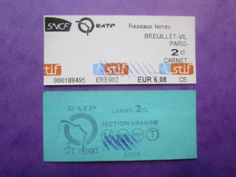 2 TICKETS  Métro Autobus Rer -  RATP/RATP - Réseau Urbain - PARIS - 2° Classe  - TBE - Monde