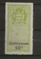 TIMBRES FISCAUX DE MONACO QUITTANCE  N° 1 10 C VERT GRAND C NEUF - Steuermarken