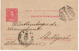 Portugal 1900 Stationery , D. Carlos I , 25 Reis , Lisboa And Stuttgart Postmarks , Credit Franco Portugais - Autres & Non Classés