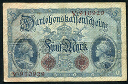 Germany - Duitsland ,6stellig ( A )  Ersten Weltkriegs , 5 Mark  1914-1918 - NR V 910929 - 5 Mark