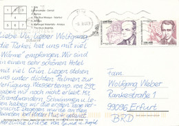 Türkei Side MWST 2003 Deene Hotels Mi. 3307 Hilmi Ulken + Mi. 3304 Sarisozen Musik Noten Trommel - PK Nach Deutschland - Cartas & Documentos