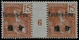 * YUNNANFOU - Poste - 21, Paire Millésime "6", Tirage 114, Gomme Coloniale: 15c. Brun S. Azuré (Maury) - Unused Stamps