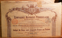 ACTION DE 250 FRANCS COMPAGNIE HAVRAISE PENINSULAIRE DE NAVIGATION A VAPEUR N° 551 EMISE EN 1922 - Schiffahrt