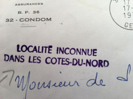 CONDOM✔️Lettre Acheminent Curiosités-☛Montpellier Terreblanche Griffe Localité Inconnue Dans Cotes Du Nord-Marcophilie - Brieven En Documenten