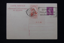 FRANCE - Entier Postal Type Semeuse Avec Repiquage De L 'Exposition Philatélique De Bourges En 1936 + Vignette - L 89366 - Standard- Und TSC-AK (vor 1995)