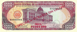 REPUBLIQUE DOMINICAINE 1988 1000 Peso Oro (Spécimen A000000A) - P.130s.1  Neuf UNC - Dominicana