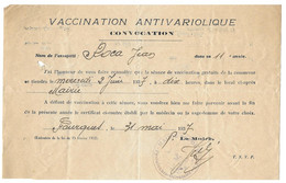 1937 FOURQUES - VACCINATION ANTIVARIOLIQUE VARIOLE - CONVOCATION POUR ROCA JEAN - Documenti Storici