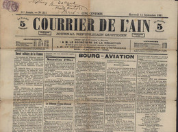 Timbre Pour Journaux YT Blanc 108 X2 CAD Reyssouze Journal Courrier De L'Ain 1911 Parle Meeting Aviation Tarif Misogynie - Kranten