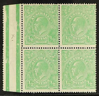 1918-20 ½d Green KGV Head, SG 48, Never Hinged Mint BLOCK Of 4 With Central Gutter Margin At Left And One Stamp With THI - Andere & Zonder Classificatie