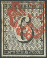 ZÜRICH 2 O, 1843, 6 Rp. Schwarz/dunkelbräunlichrot, Ohne Unterdruck, Rote Züricher Rosette, Dünne Stelle Sonst Breitrand - 1843-1852 Correos Federales Y Cantonales