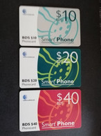BARBADOS  SERIE 3X  CHIPCARDS $10,-+$20,-+ $40- SMART PHONE  CHIPCARD  Fine Used Card  ** 4981 ** - Barbados