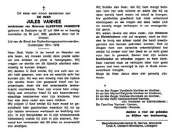 Bidprentje  Jules Vanhee Oudstrijder 1914-18 @ Dadizele - Devotieprenten