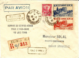 10-6-46- Env. Affr. 19f. De "TUNIS R.P. / AFFRANCHISSEMENTS IV " Reprise Du Service Aérien /Pour L'Indochine/10 Juin 46 - Covers & Documents