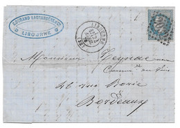 1870 LIBOURNE - DURAND LAGRANGERE POUR BORDEAUX RUE BORIE - NAPOLEON SUR PLI - 1863-1870 Napoleon III With Laurels