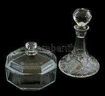 Likőrös üveg Kiöntő, A Peremén Csorbákkal, Dugóval M: 15 Cm + Arcoroc Francia Cukortartó, Jelzett, Hibátlan, M: 9,5 Cm,  - Glass & Crystal