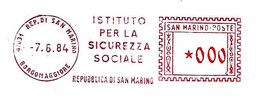 SAN MARINO - 1984 ISTITUTO SICUREZZA SOCIALE - Ema Red Meter Affrancatura Rossa Su Retro Cartoncino Viaggiato - 2053 - Covers & Documents