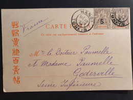 Indochine. Carte Postale From Hanoi To Goderville France. Affranchissement Groupe Surchargé 5 En Paire. 22-1-1904 - Other & Unclassified