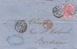 COVER. LONDON. 13 JY 71. TO BORDEAUX. VICTORIA THREE PENCE. KS. PLANCHE 6. PD. ANGL AMB CALAIS - Ohne Zuordnung